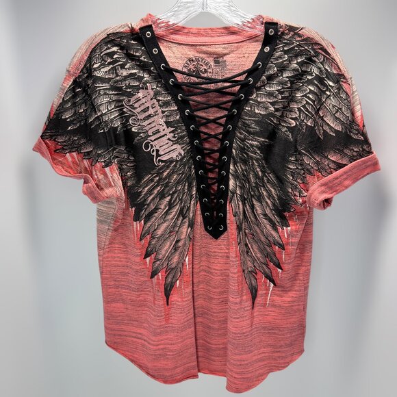 Affliction Angel Wings Light Pink/Peach & Black Lace-Up V-Neck Graphic Tee - Picture 1 of 7